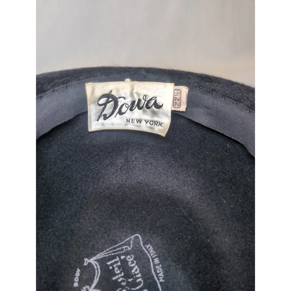 Vintage DOWA NY WOMEN'S Black Star HAT SOLEIL GLACE ITALY VELVET FAUX FUR 22.5
